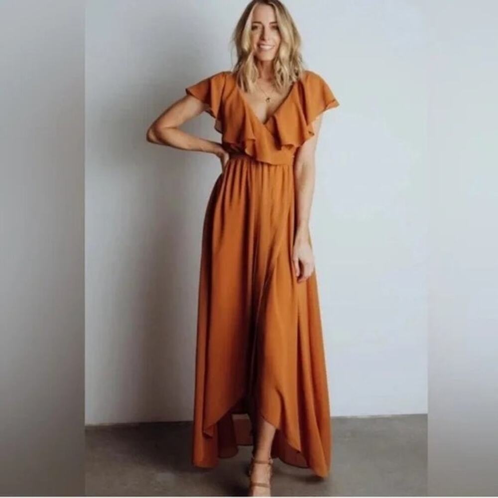 Rust Ruffle V-Neck Maxi Dress - Picture 1 of 9